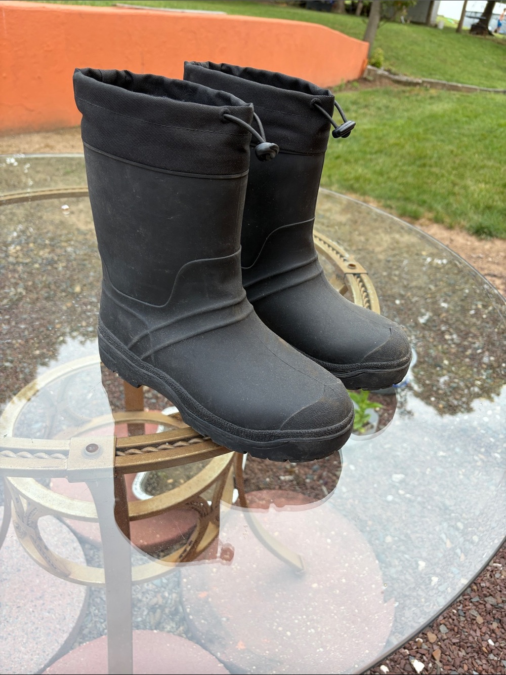 Black Waterproof Winter Rain Boots with Drawstring Top
